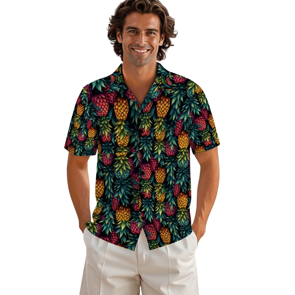 Colorful Pineapple Men's Short-Sleeve Button-Down Shirt