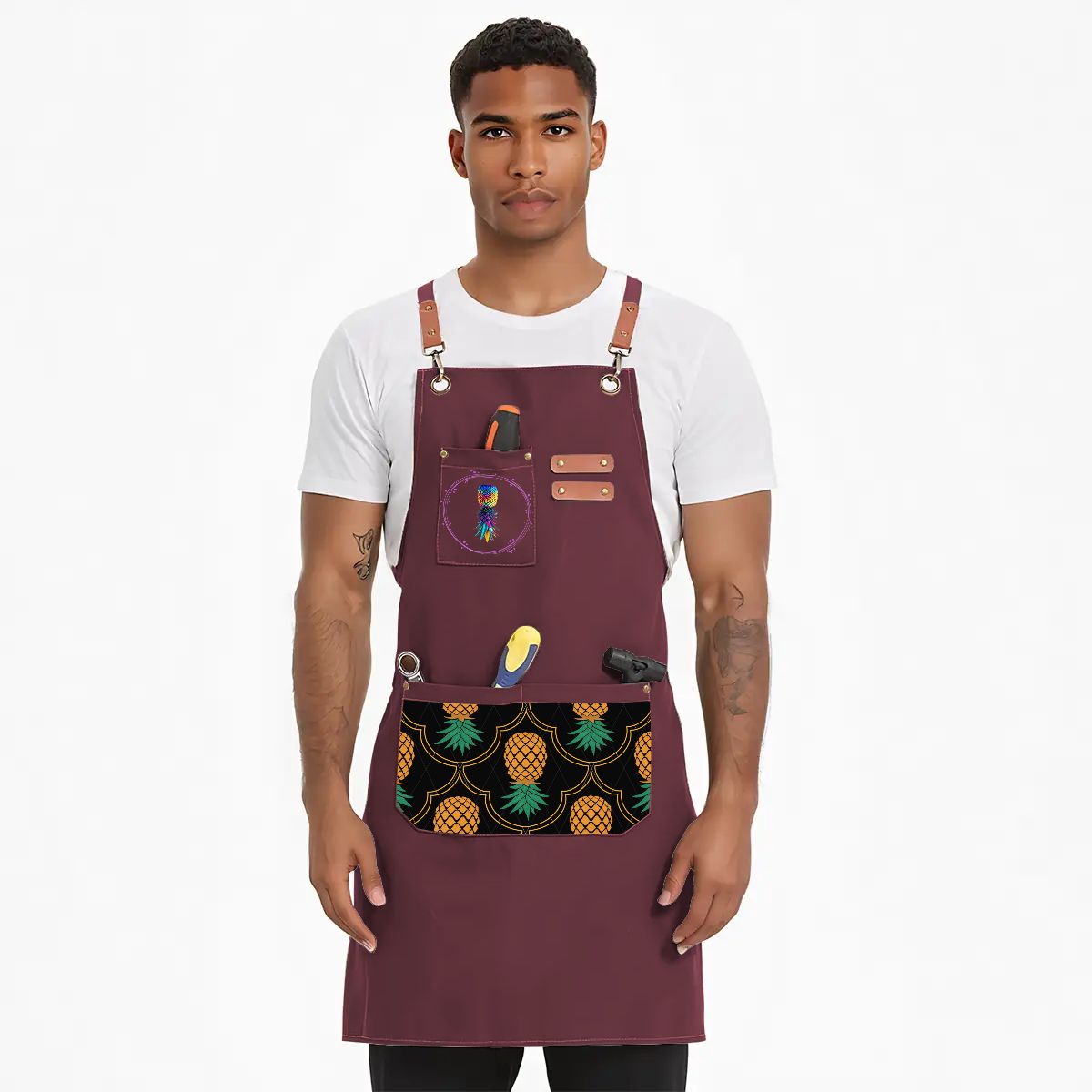 Upside Down Pineapple Unisex Canvas Cross Back Apron with Pockets