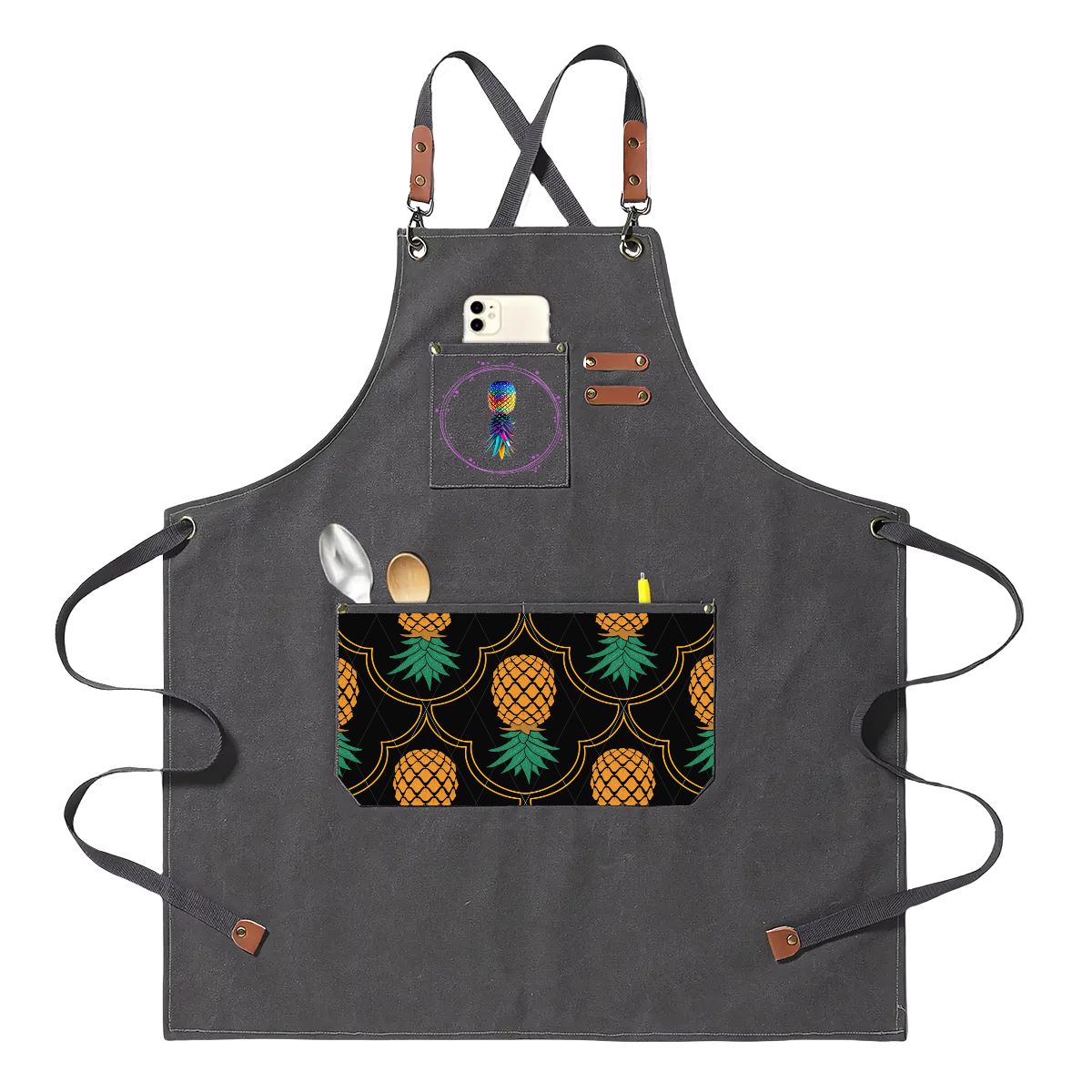 Upside Down Pineapple Unisex Canvas Cross Back Apron with Pockets
