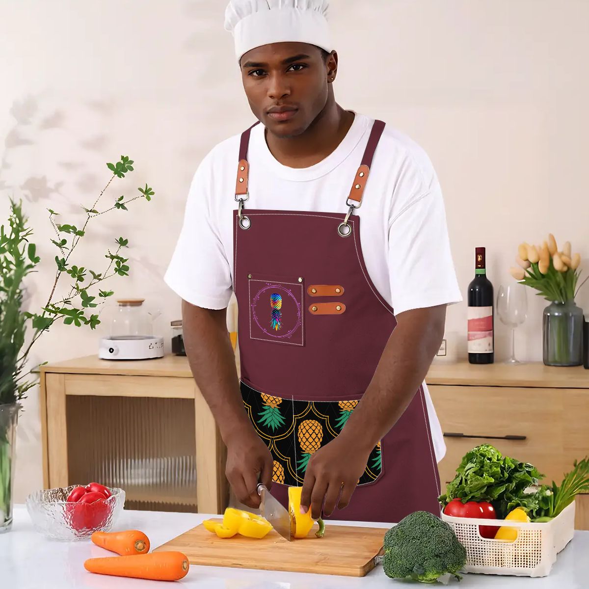 Upside Down Pineapple Unisex Canvas Cross Back Apron with Pockets