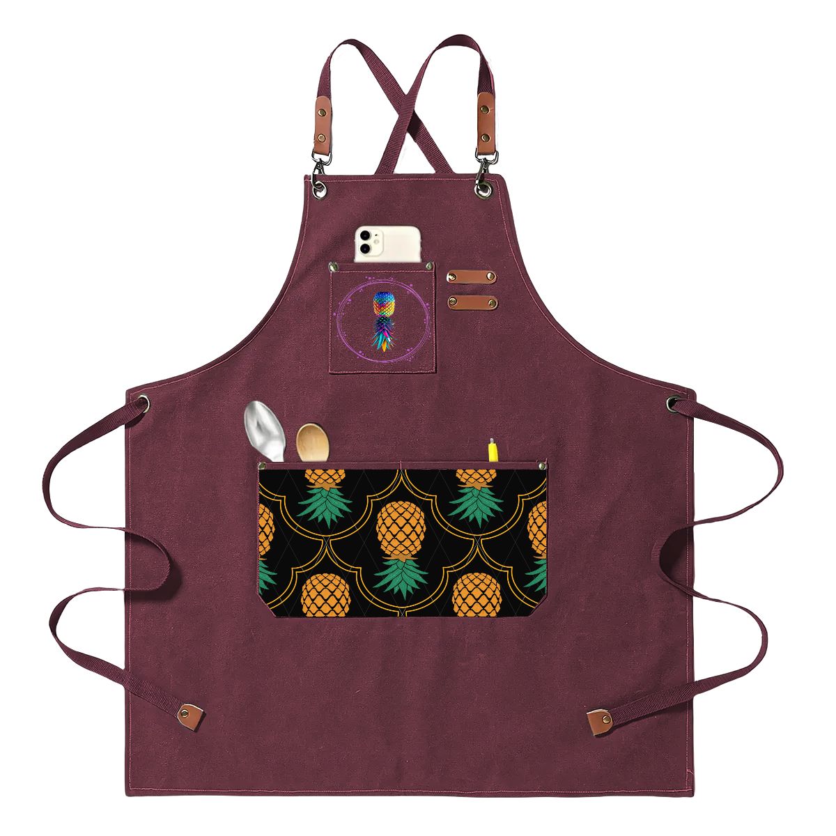 Upside Down Pineapple Unisex Canvas Cross Back Apron with Pockets