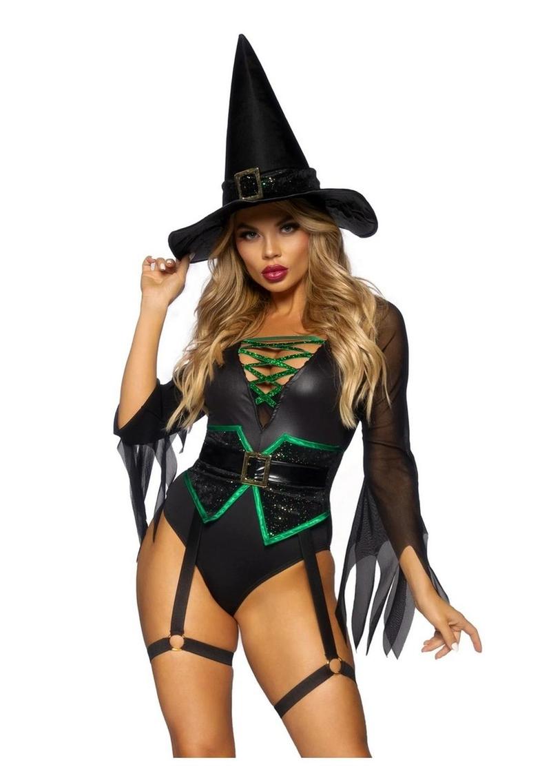 Broomstick Babe Witch Bodysuit With Lace-Up V