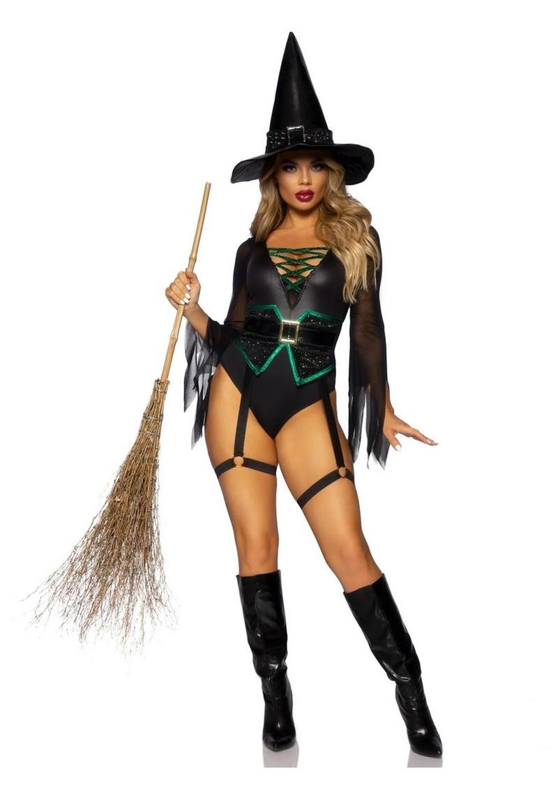 Broomstick Babe Witch Bodysuit With Lace-Up V